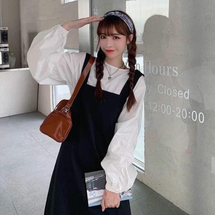 Set Váy Yếm Sơ Mi Tay Bồng Tiểu Thư