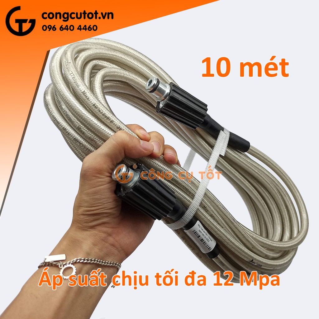 Dây rửa xe áp lực 12MPa 10m, lõi nhựa bọc dù XÁM, hai đầu ren trong to M22