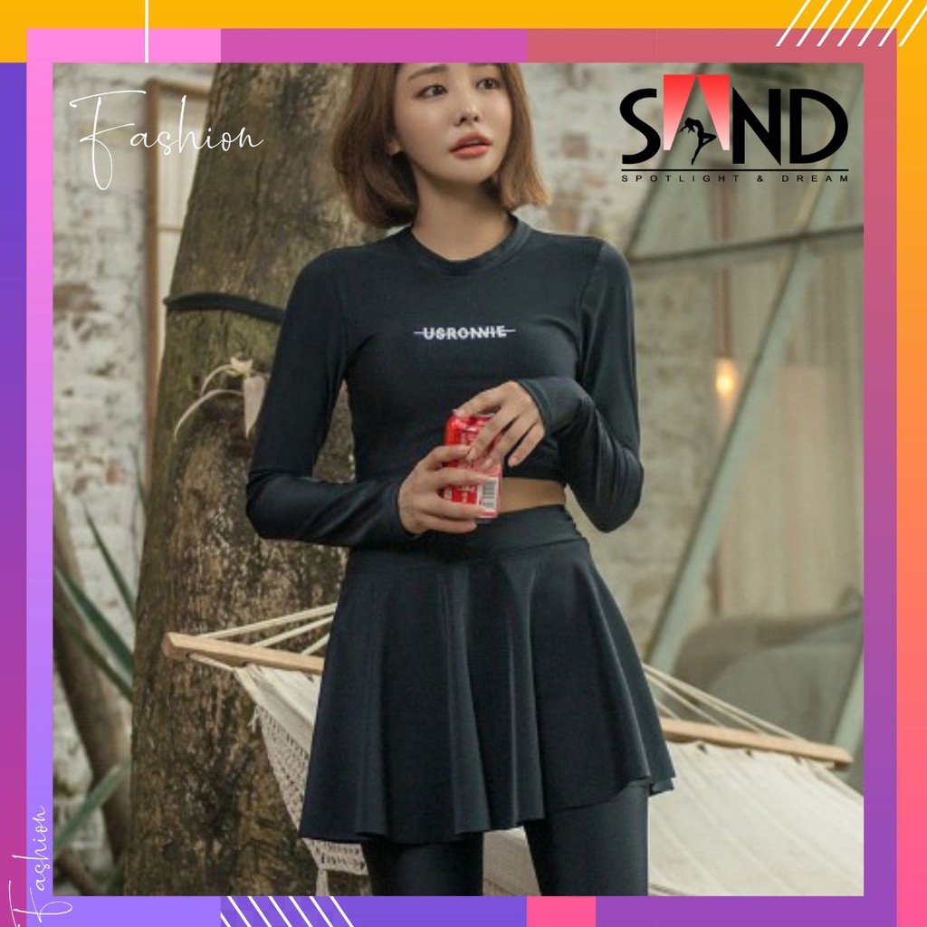 [Có sẵn] Đồ Bơi Nữ Dài Tay - Nữ Đen Váy Phối Quần Dài