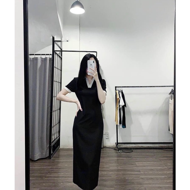 Đầm polo nữ đen dáng ôm, váy body nữ dài chất cotton mát lạnh thấm hút mồ hôi tốt mặc đi học đi làm đi chơi
