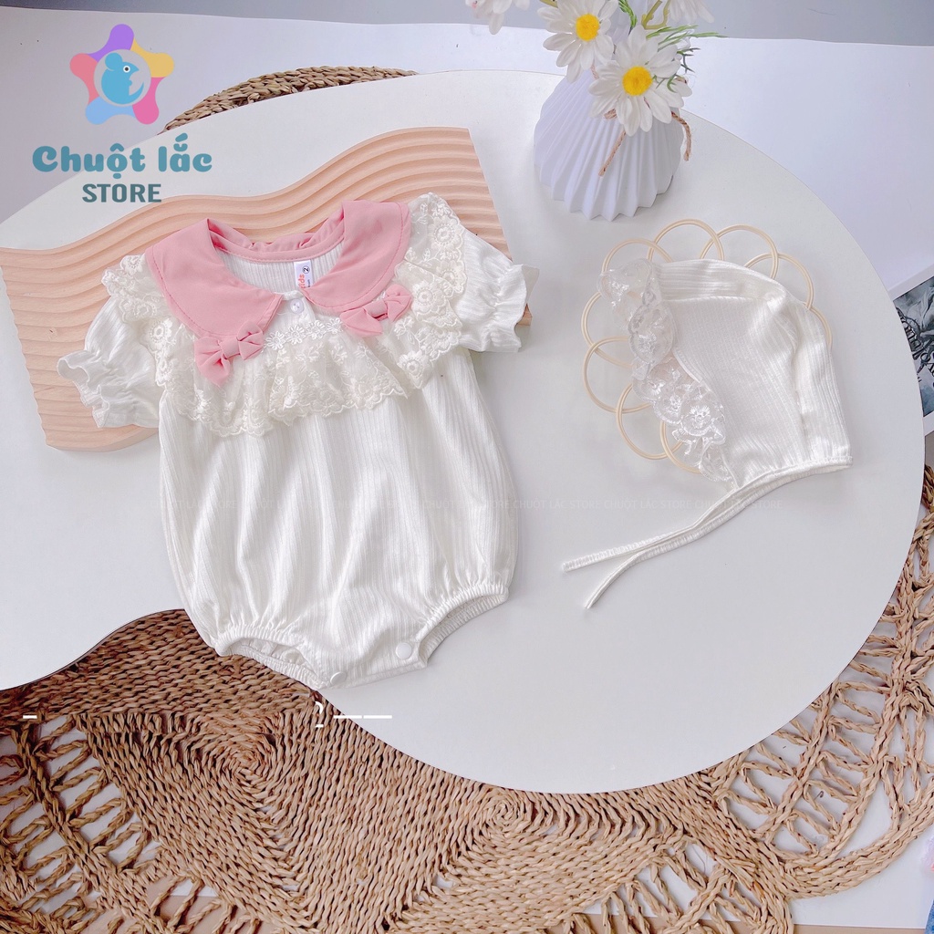 Đồ Bộ Body Cho Bé Gái Sơ Sinh Chuột Lắc Store Chất Cotton Len Cổ Sen Viền Ren Kèm Mũ Màu Hồng, Trắng