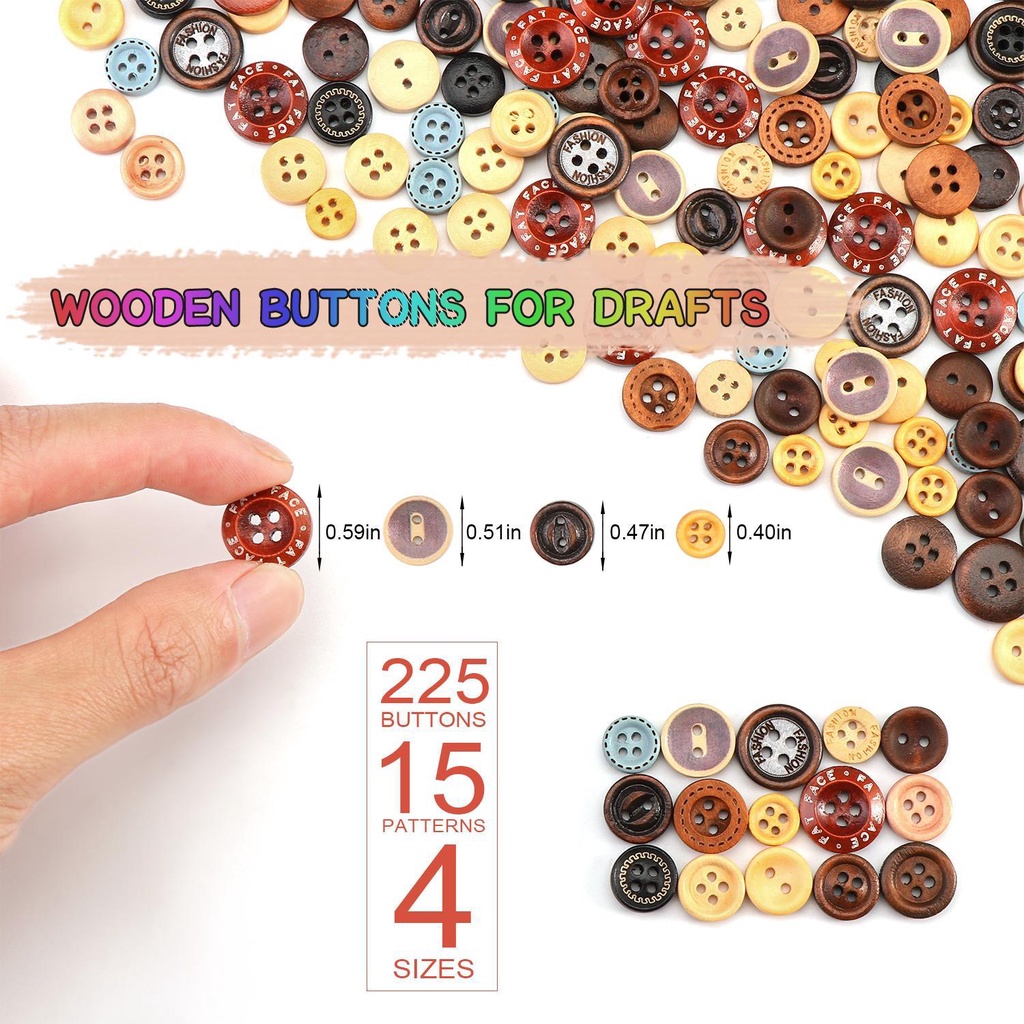 Set 225 Nút Gỗ Tròn 2 / 4 Lỗ May Vá Thân Thiện Với Môi Trường