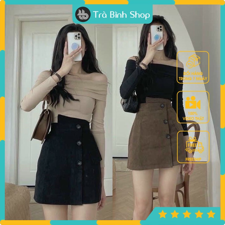 Chân váy chữ a chất nhung tăm Váy đính cúc dọc siêu xinh kèm quần trong