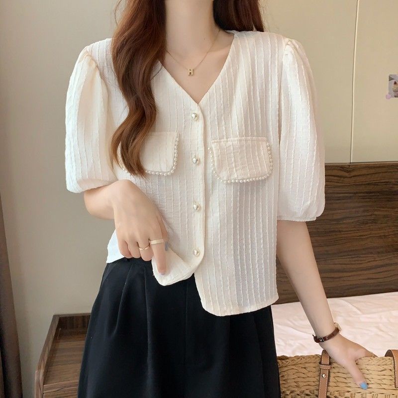 Áo Sơ Mi Ngắn Tay Cổ Chữ V Đính Ngọc Trai Thời Trang Mùa Hè Mới