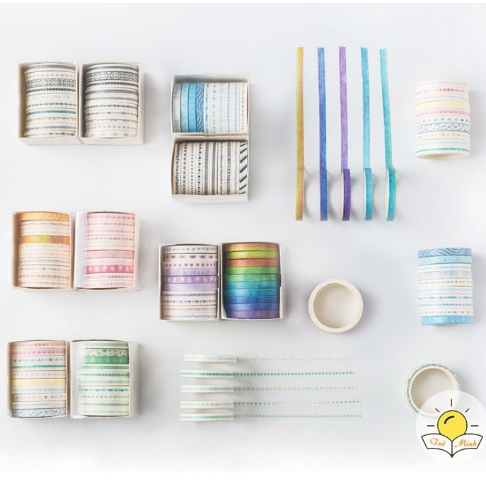 Bộ 10 cuộn washi tape trang trí dán bullet journal, set băng dính washi dễ thương WA06