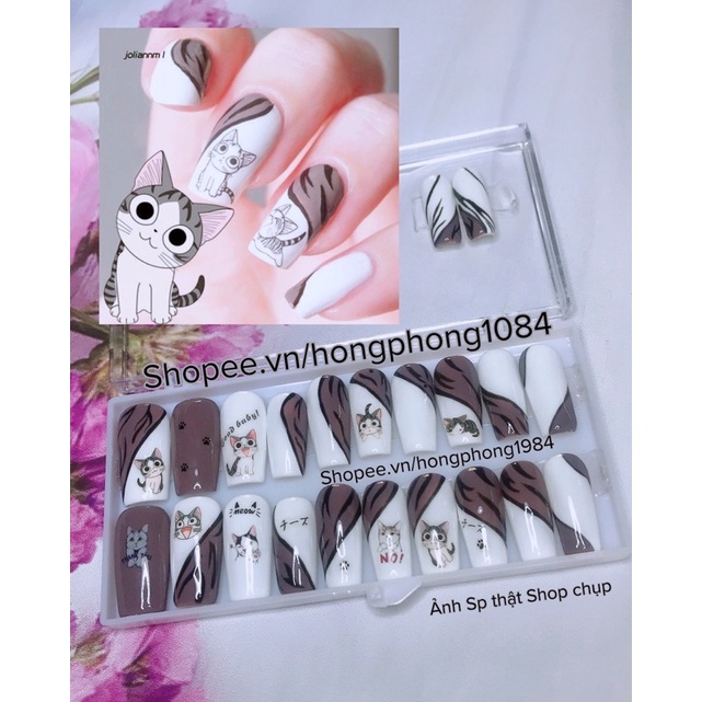 Nail box -Móng úp thiết kế hình mèo Cute 12-14 móng kèm keo dũa