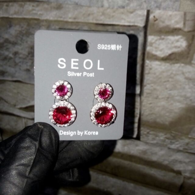 Bông tai đá đỏ+bạc 925