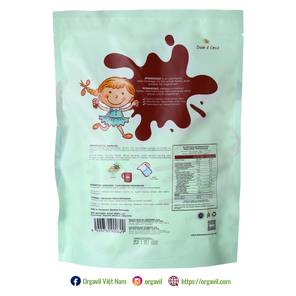 Sữa Miwakoko Túi 300g - Sữa Thực Vật Hữu Cơ Miwakoko Vị Cacao - Orgavil phù hợp cho người theo chế độ thuần chay