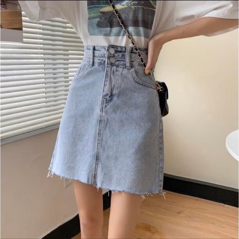 Chân váy ngắn jean denim nữ trơn lưng cao chữ a suông - Order taobao quảng châu