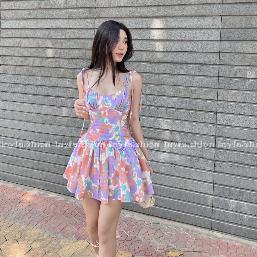 💙 Váy 2 dây xòe hoa nhí xếp li dáng ngắn nhà INY