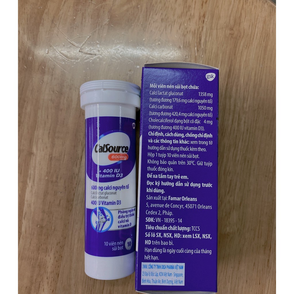 Viên sủi CalSource bổ sung Calci 600mg D3 400IU tuýp 10 viên
