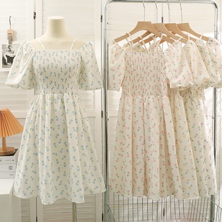 Váy Nữ Trắng Hoa Nhí Vải Cotton Tay Phồng Cổ Chun Trễ Vai D09 Hàng Quảng Châu