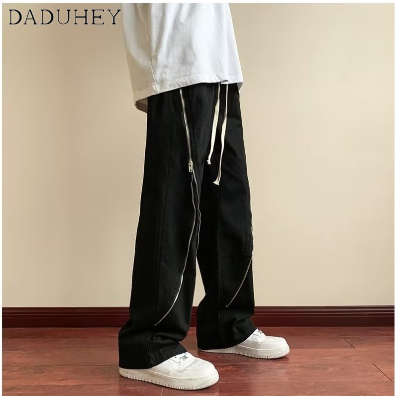 DaDuHey Men's High Street American Side Zipper Pants Ins Fashion Loose Straight Casual Pants