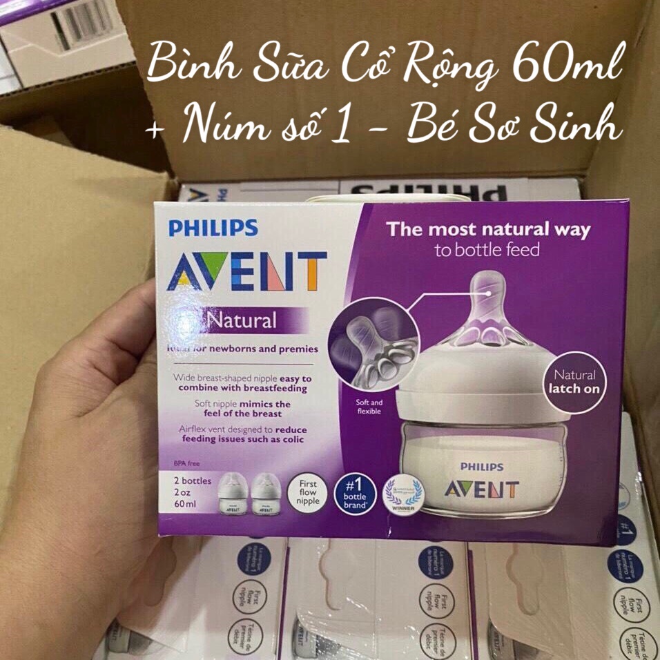 ❤ [Quận 3] Bình sữa cổ rộng Phi_lips Avent Natural 60ml Núm số 1 Nhập Mỹ