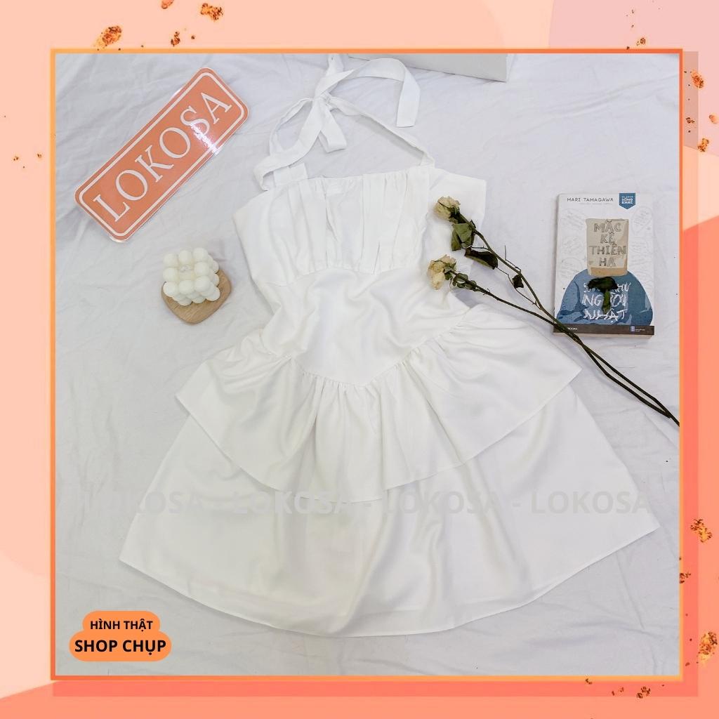Đầm dự tiệc LOKOSA Váy Body Trắng cổ yếm Dáng Xòe Xếp Tầng Cột Dây Thiết Kế Hở Lưng VD032