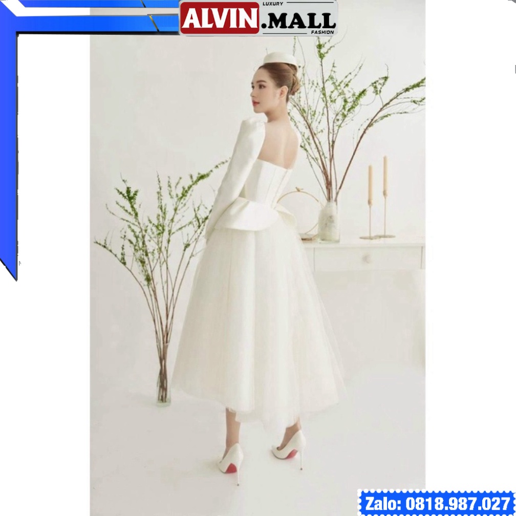 🔥𝓠𝓾ả𝓷𝓰 𝓒𝓱â𝓾 CAO CẤP🔥 Đầm xòe vintage cúp ngực tay dài phối lưới và nút màu trắng vải phi Ý cột dây sang trọng l