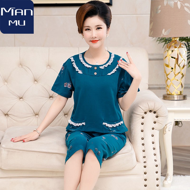 Đồ lót✜Bộ đồ ngủ mùa hè của bà mẹ trung niên bằng vải cotton mặc nhà phục vụ phụ nữ và người lớn tuổi quần cắt n