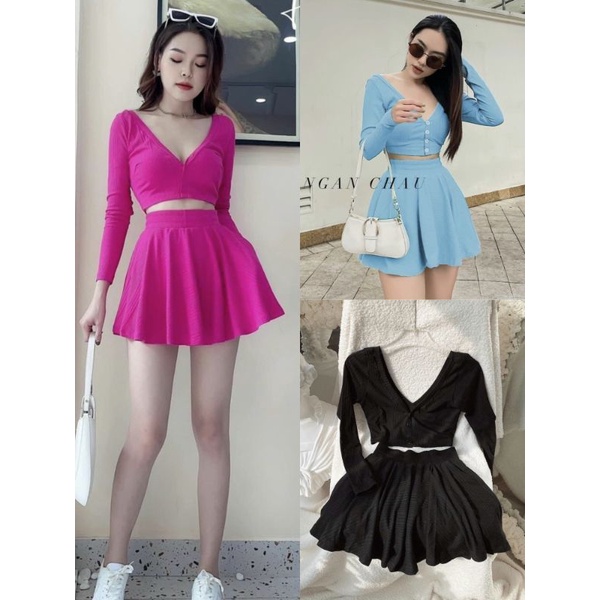 Set Áo Croptop Tay Dài Cổ V Ôm Body Và Chân Váy Ngắn Form Xòe Có Quần Trong - Tiểu Thư Bánh Bèo Sexy Cute