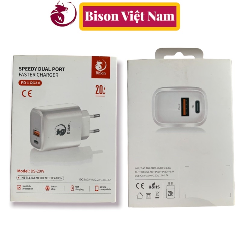 Sạc nhanh Bison 20W 2 cổng chính hãng bảo hành 12 tháng