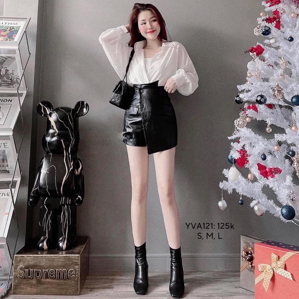Chân váy nữ chân váy da chữ A 3 khuy đắp tà chéo sang trọng CHIBEST YVA121