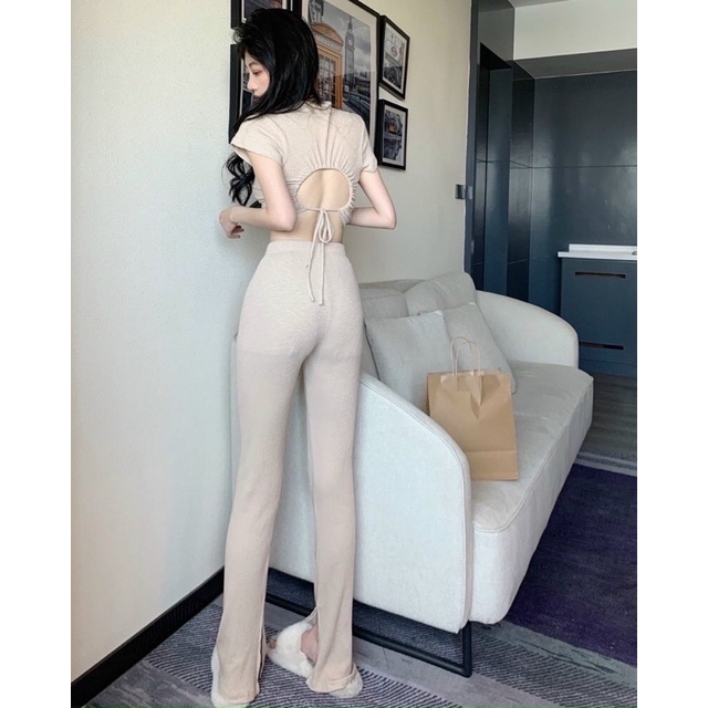 SET BỘ THUN GÂN HỞ LƯNG CỘT DÂY + QUẦN SUÔNG XẺ TÀ