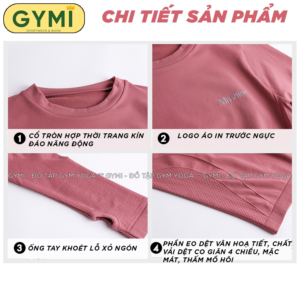 Áo tập gym yoga nữ dài tay GYMI AD05 logo Misshine dáng phủ bụng chất dệt co giãn thấm mồ hôi