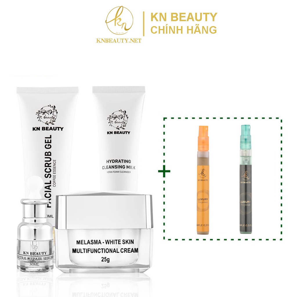 KN Beauty - Bộ 4 bước Trắng Da Ngừa Nám chuyên sâu: Kem dưỡng + Serum + Sữa rửa mặt + Tẩy tế bào chết (Tặng 2 Nước hoa))