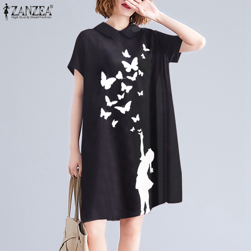 Đầm ZANZEA midi tay ngắn cổ búp bê in họa tiết bướm phong cách đường phố thời trang cho nữ