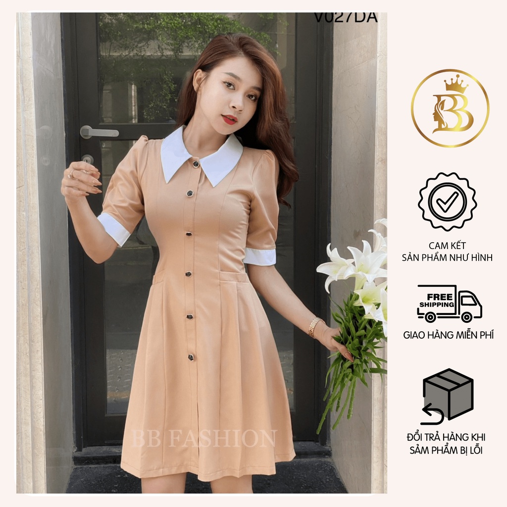 Đầm cổ lá chạy cúc dọc tay bồng, Váy nữ cổ polo phối viền tay trắng chiết eo chất chéo hàn cao cấp V027