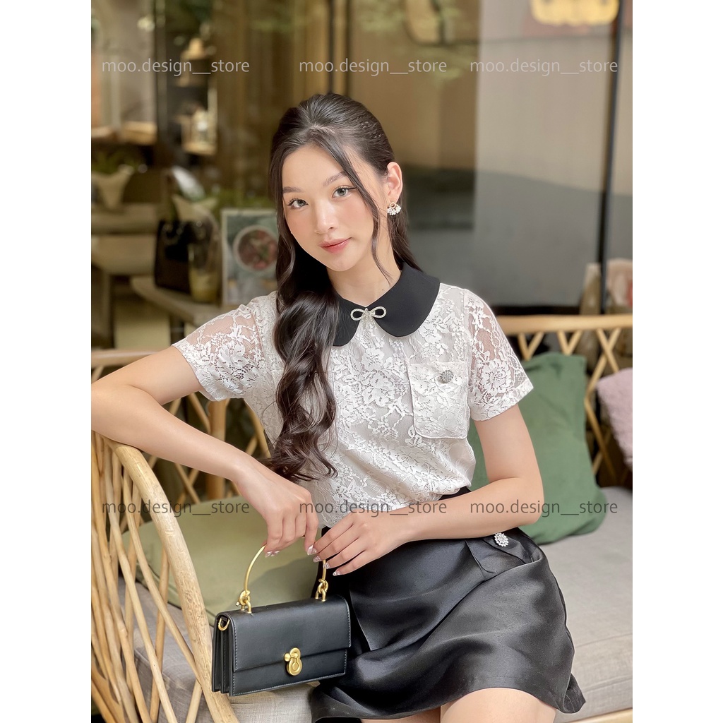 Áo tiểu thư, cổ đen nơ đá và khuy đá túi, MOO Design- ARMD8