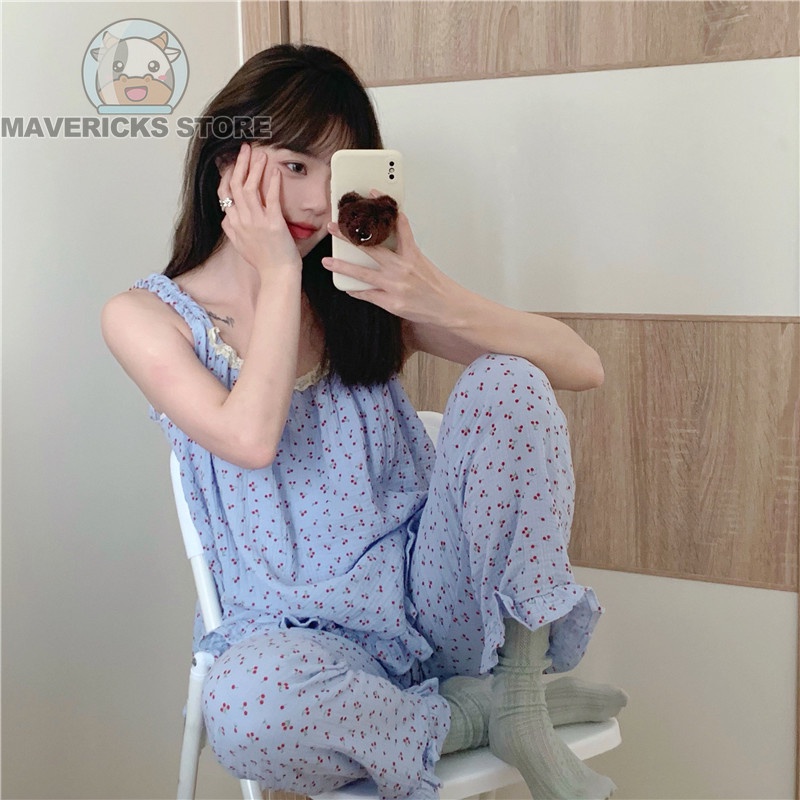 Bộ Đồ Ngủ Hai Dây Họa Tiết Quả cherry Dễ Thương Cho Nữ