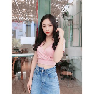 Áo chéo ngực bo eo tay ngắn