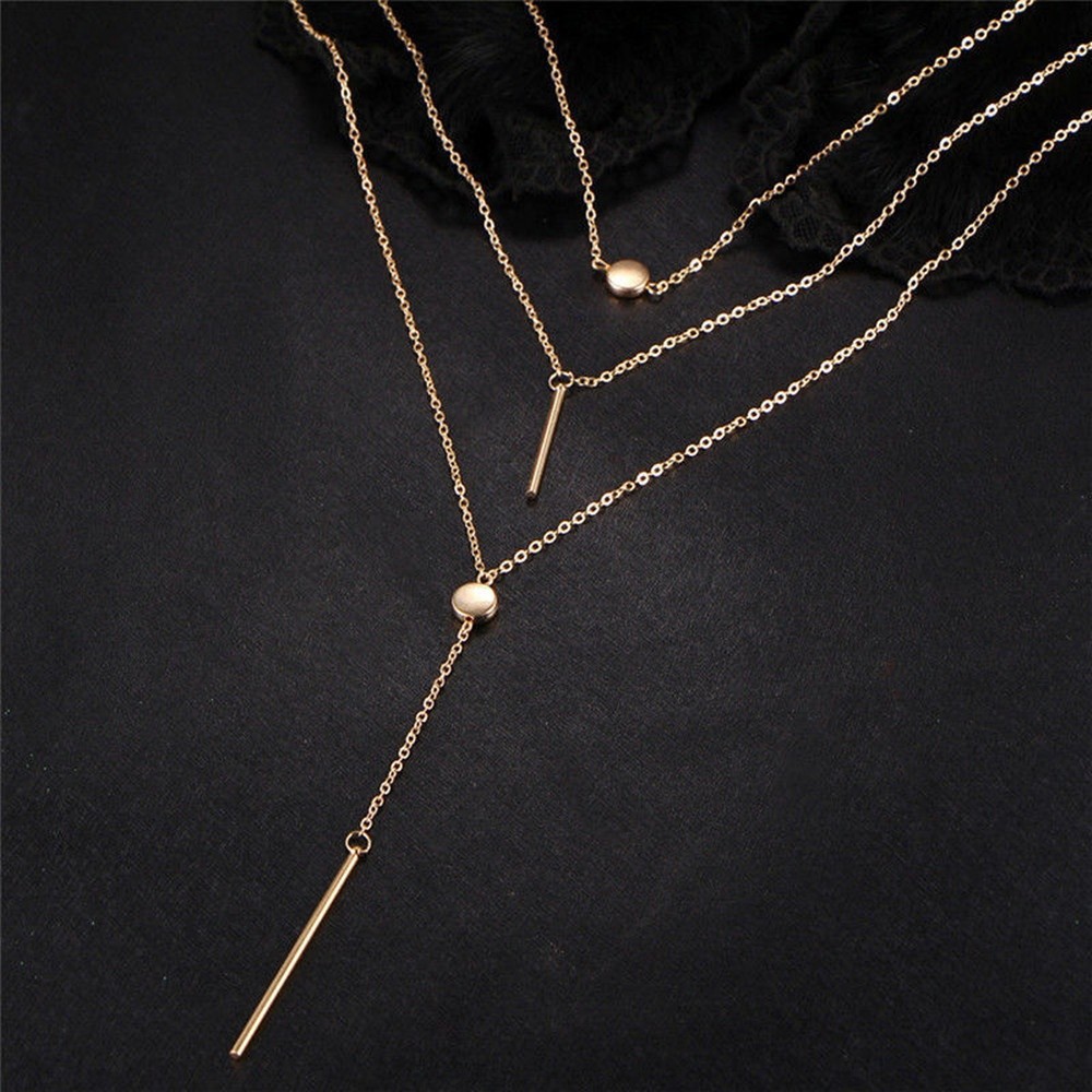 Vòng cổ choker bằng kim loại thiết kế nhiều lớp gắn đá và thanh dài đơn giản