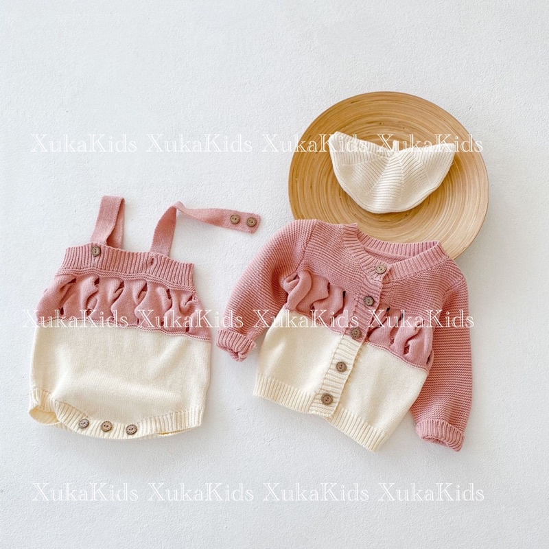 Set Bộ Bé Gái [XukaKids] Áo Khoác Cardigan và Yếm Len Cao Cấp Bé Gái Trắng Hồng Nhún Trước Ngực Len mịn dày dặn
