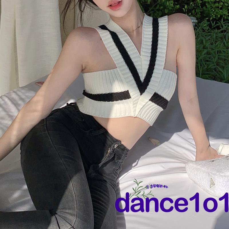 ★Cd☏Áo Dệt Kim Sát Nách Cổ Chữ V Màu Sắc Tương Phản Thời Trang Mùa Hè Cho Nữ