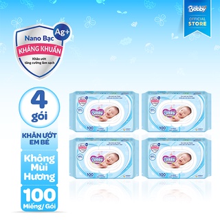 Bộ 4 gói Khăn ướt Bobby không mùi 100 tờ gói Xanh