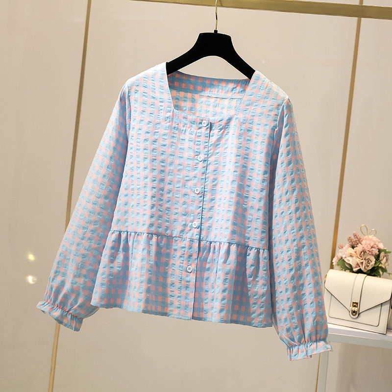 Áo Sơ Mi Caro Tay Dài Cổ Vuông Plus Size Dễ Phối Đồ Cho Nữ