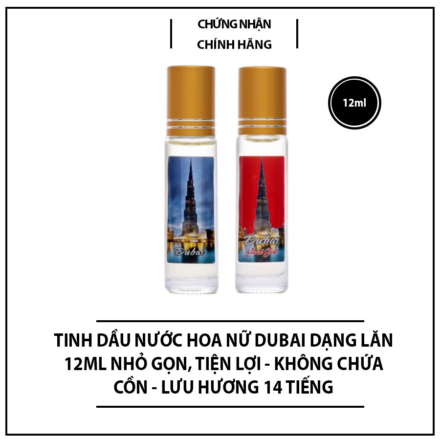 Tinh dầu nước hoa nữ Dubai dạng lăn 12ml nhỏ gọn, tiện lợi - không chứa cồn - lưu hương 14 tiếng