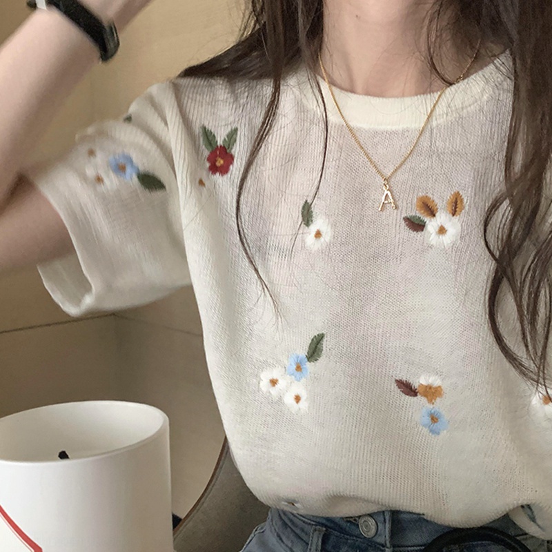 Áo ZHELIHANGFEI dệt kim tay ngắn cổ tròn thêu hoa nhỏ dễ thương thời trang cho nữ
