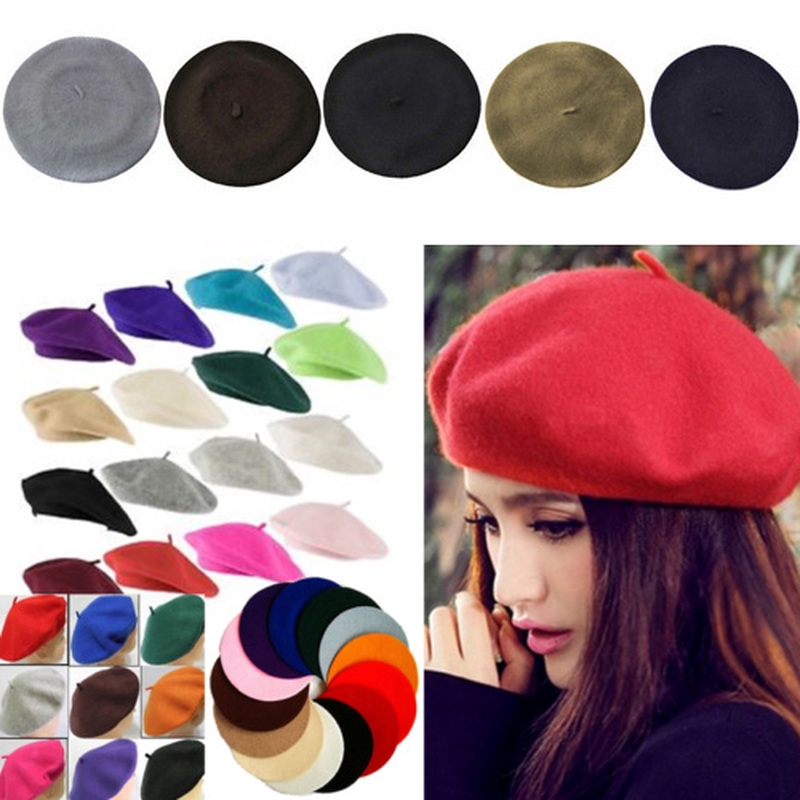 Mũ beret thêu len màu đơn sắc phong cách vintage xinh xắn cho nữ