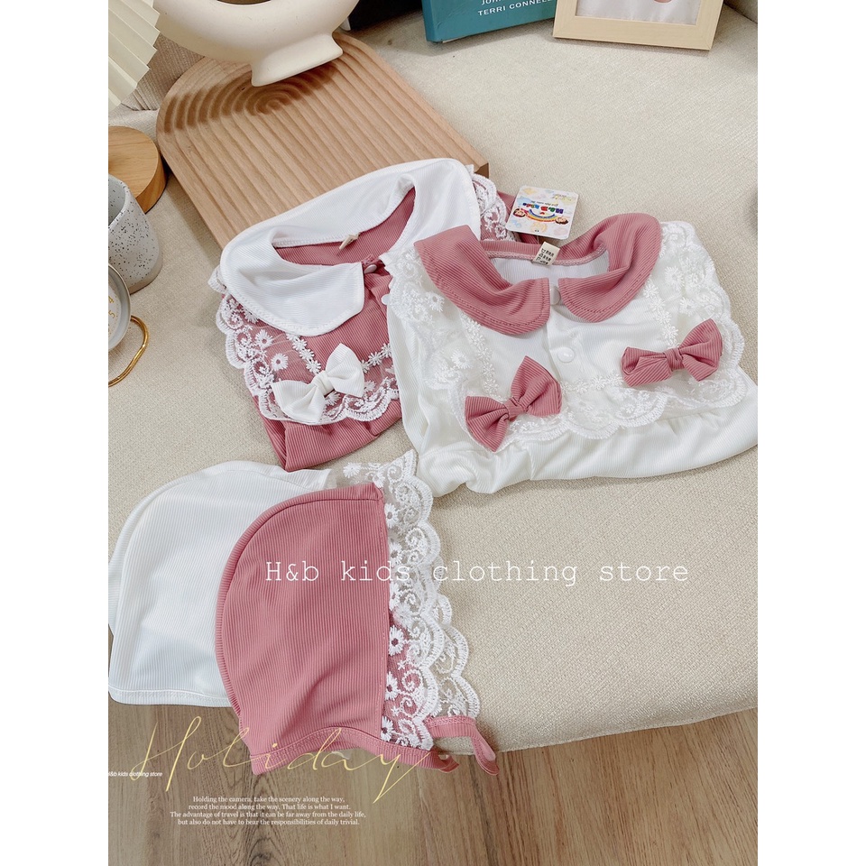 Body ren nơ kèm mũ xinh xắn bé gái