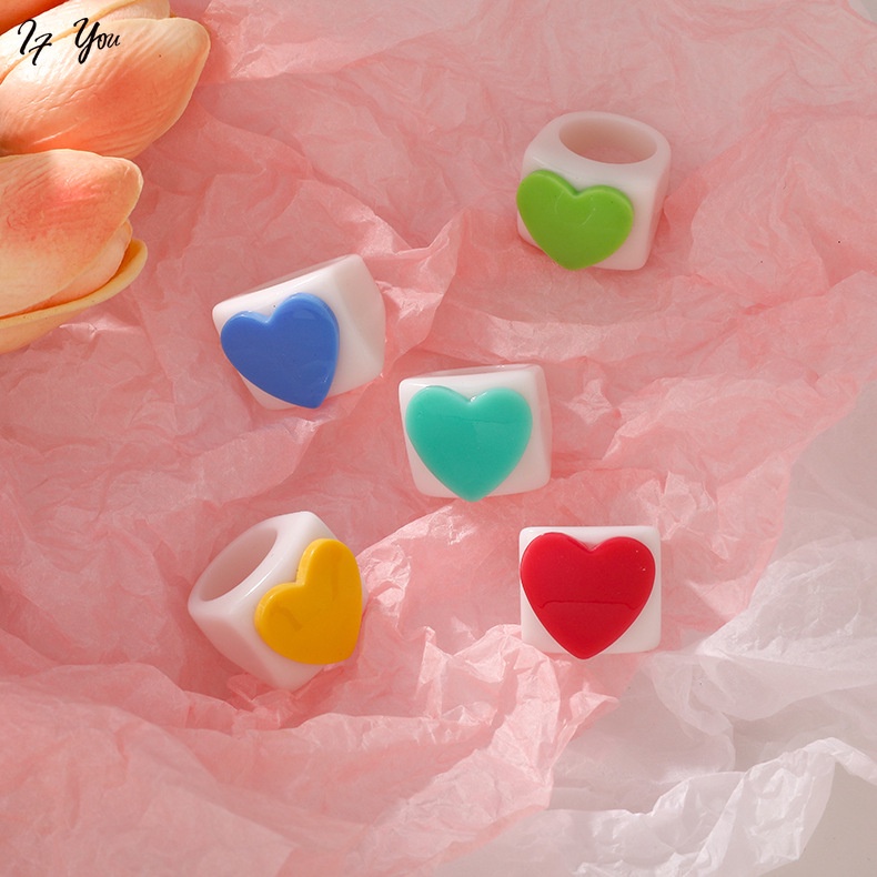 Nhẫn nhựa resin AY màu trắng macaron hình trái tim thời trang Hàn Quốc cho nữ