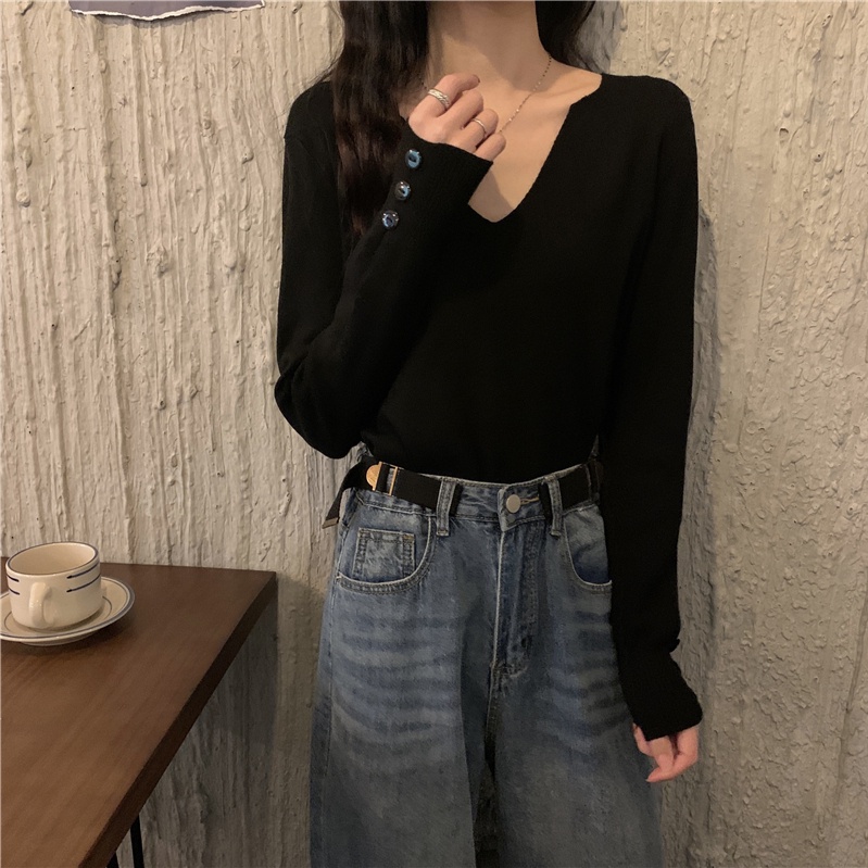 Áo sweater SUXI dệt kim mỏng tay dài cổ chữ v thời trang mùa thu cho nữ
