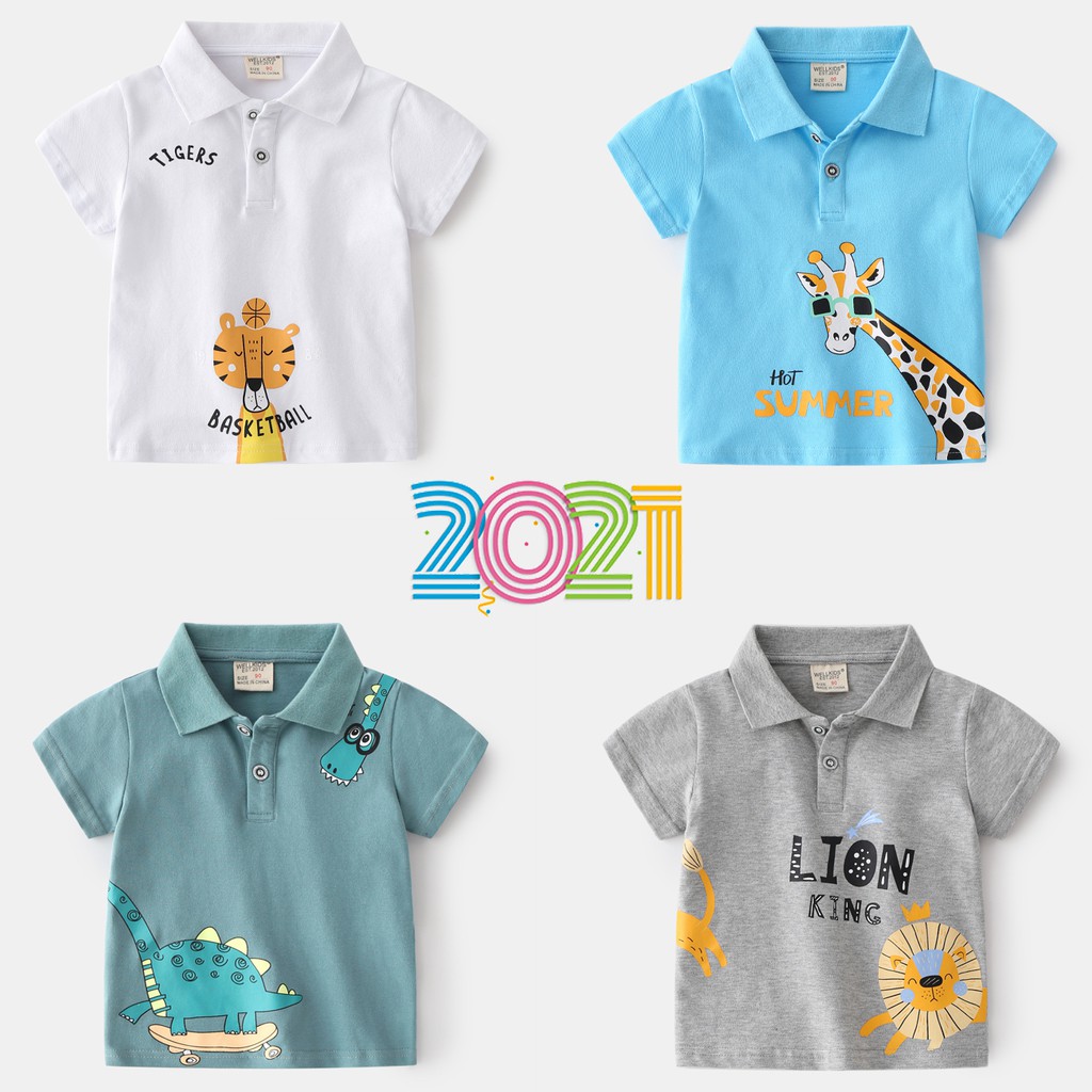 Áo Polo bé trai WELLKIDS áo có cổ cho bé họa tiết hình thú chất cotton hàng xuất Âu Mỹ