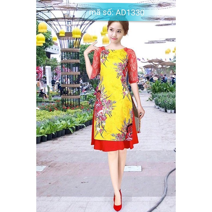 AD1331 Có size 2XL Set Áo Dài Cách Tân gấm cổ tròn tay ren họa tiết hoa mùa xuân nền đỏ kèm váy vàng