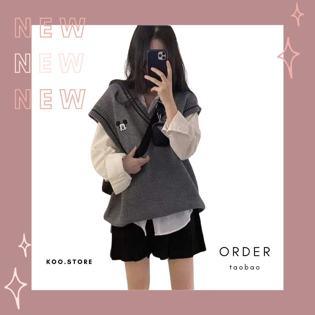 Áo Gile len xám cổ V mùa hè thu phong cách Hàn Quốc