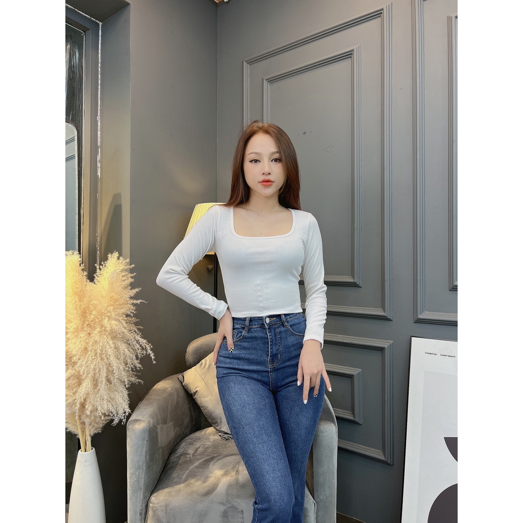 Áo thun nữ cổ vuông tay dài CRAZYTEEN dáng ôm sang trọng AT0209