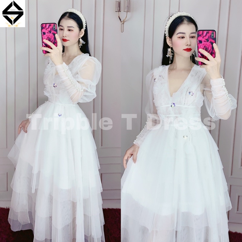 Đầm xoè tay dài lưới tầng xếp kết hoa nổi TIPBLE T DRESS -MS27V-Size S/M/L/XL đến 64kg