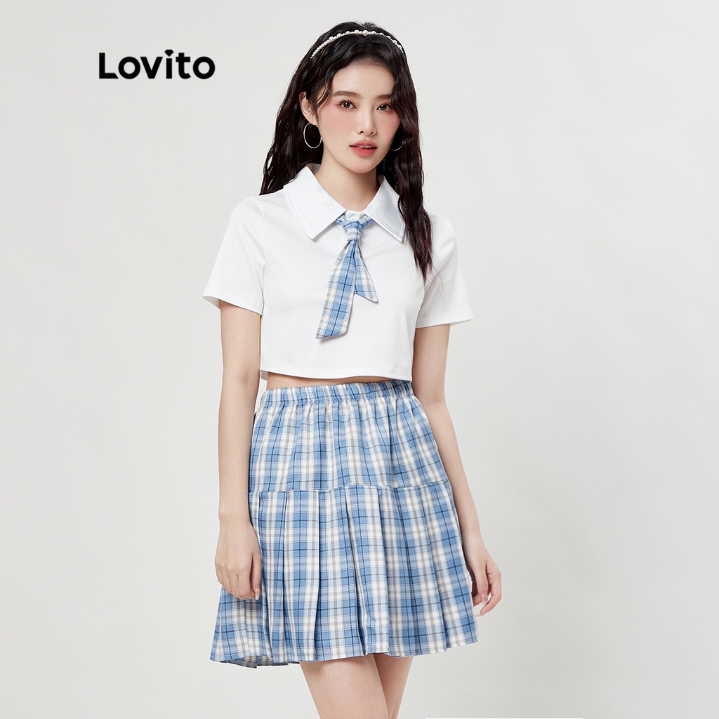 Bộ váy nữ Lovito quấn nút kẻ sọc L33ED066 (Xanh nhạt)