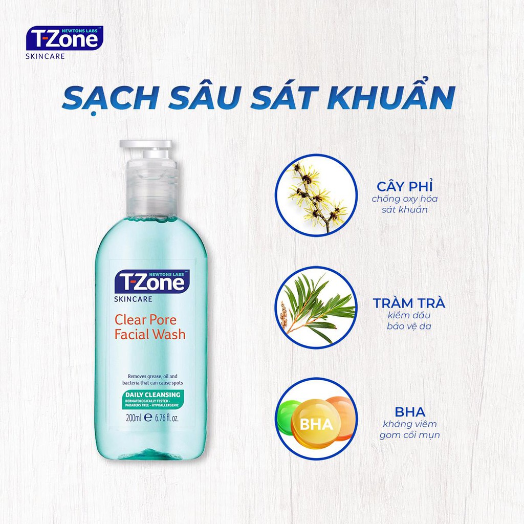 Gel rửa mặt tràm trà cho da dầu mụn T-Zone Clear Pore Facial Wash 200ml | BigBuy360 - bigbuy360.vn